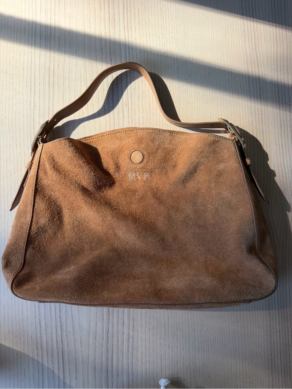 ⁠NWT J.Crew Berkeley Suede Shoulder Bag Blonde Espresso Brown Monogram MVP - Picture 2 of 7